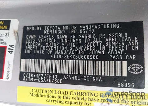 2011 Toyota Camry Le from USA, damaged, VIN 4T1BF3EKXBU608960